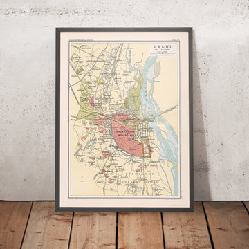 Alte Karte von Delhi von Bartholomew, 1893: Shahjahanabad, Jumma Musjid, Fluss Yamuna, Delhi-Tor, Kaschmir-Tor 