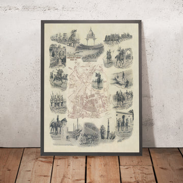 Antigua Mapa Pictórico del Delhi Durbar por Wymer, 1911: Pabellón de Coronación, Parque, Kingsway, Regimientos, Elefantes 