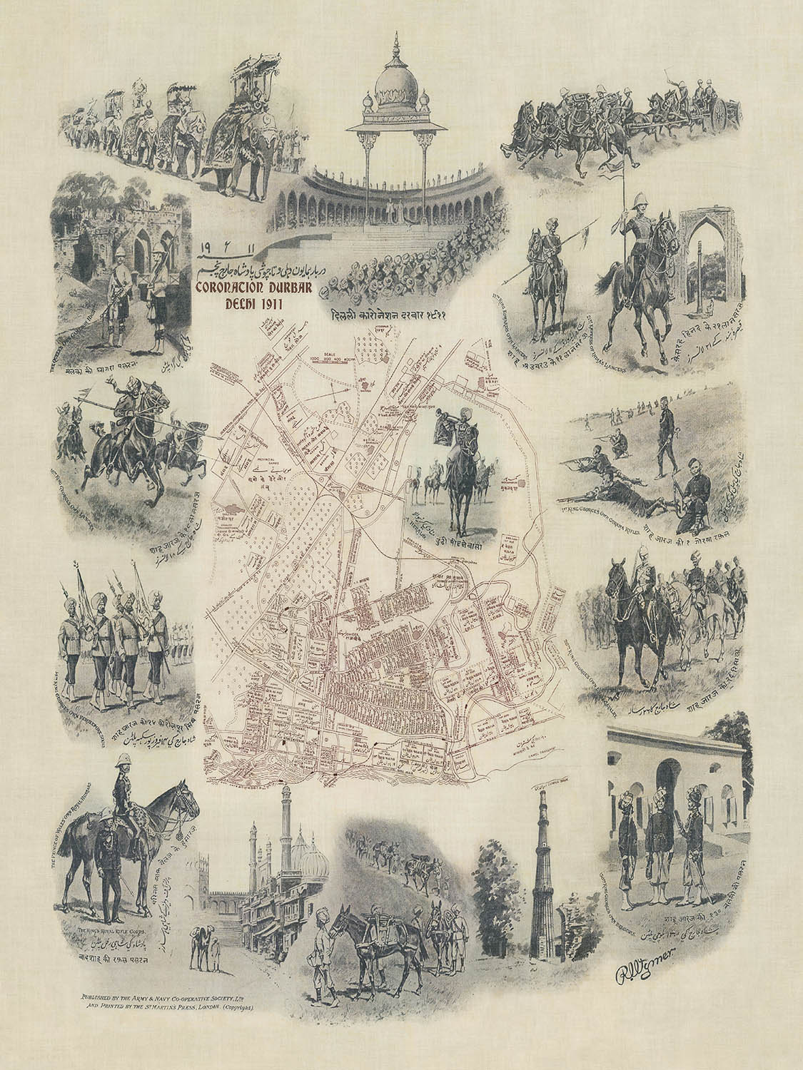 Antiguo mapa pictórico de Delhi por Wymer, 1911: Pabellón de la Coronación, Kingsway, Parque de la Coronación, Regimientos, Procesión de Elefantes