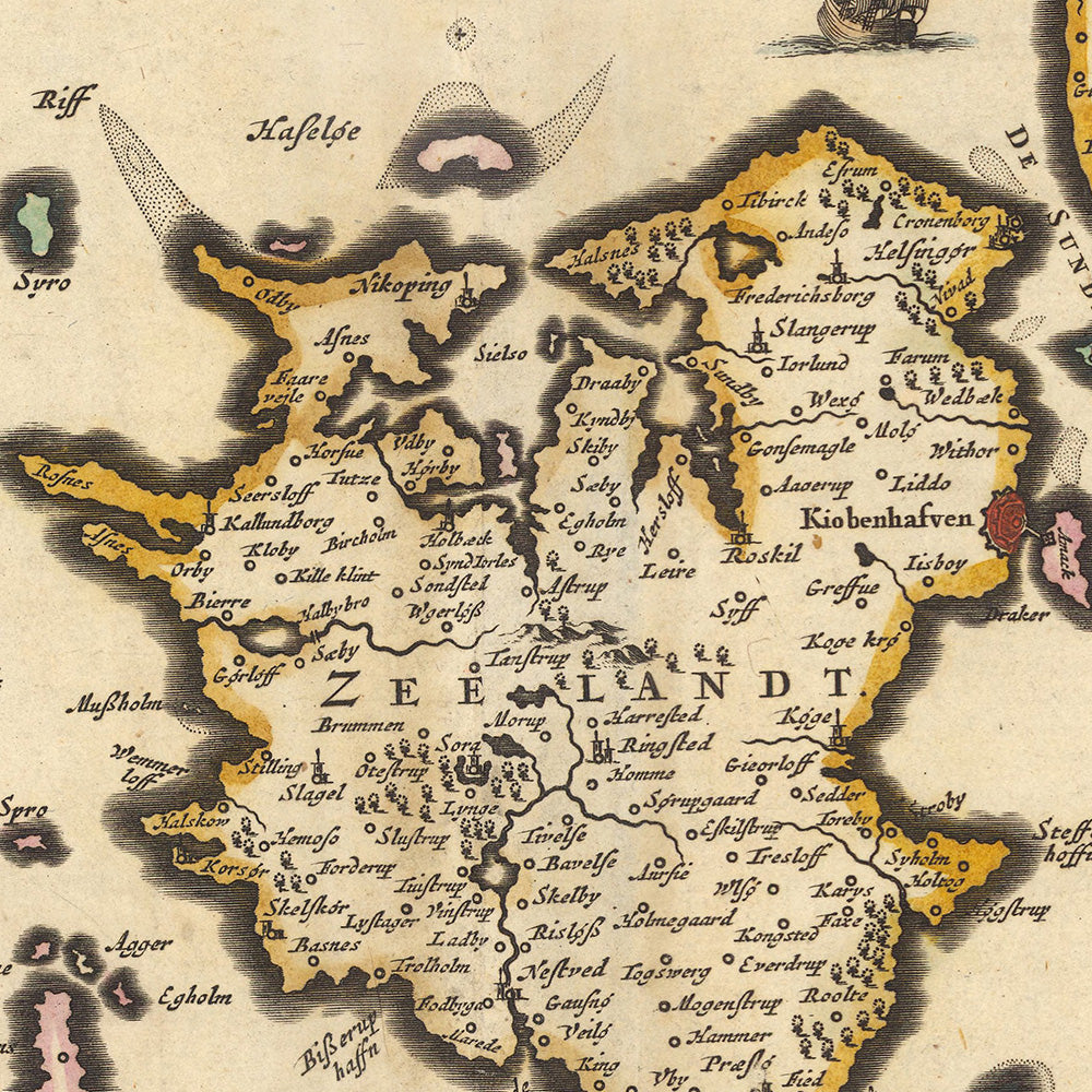 Ancienne carte du Danemark par Visscher, 1690 : Göteborg, Copenhague, Hambourg, Malmö, parc national de la mer des Wadden