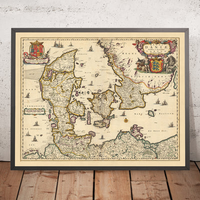 Mapa antiguo de Dinamarca de Visscher, 1690: Gotemburgo, Copenhague, Hamburgo, Malmö, Parque Nacional del Mar de Wadden