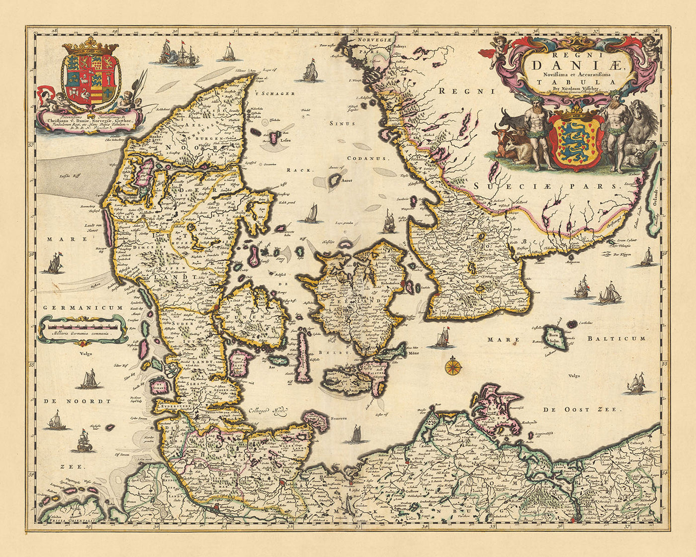 Old Map of Denmark by Visscher, 1690: Gothenburg, Copenhagen, Hamburg, Malmö, Wadden Sea National Park