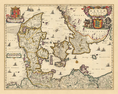 Alte Karte von Dänemark von Visscher, 1690: Göteborg, Kopenhagen, Hamburg, Malmö, Nationalpark Wattenmeer