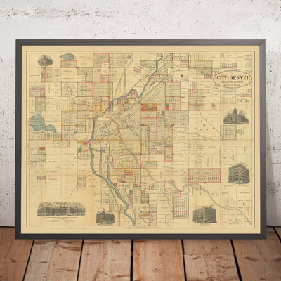 Ancienne carte de Denver par Thayer, 1883 : Platte River, Cherry Creek, City Park, Exposition Building, Windsor Hotel