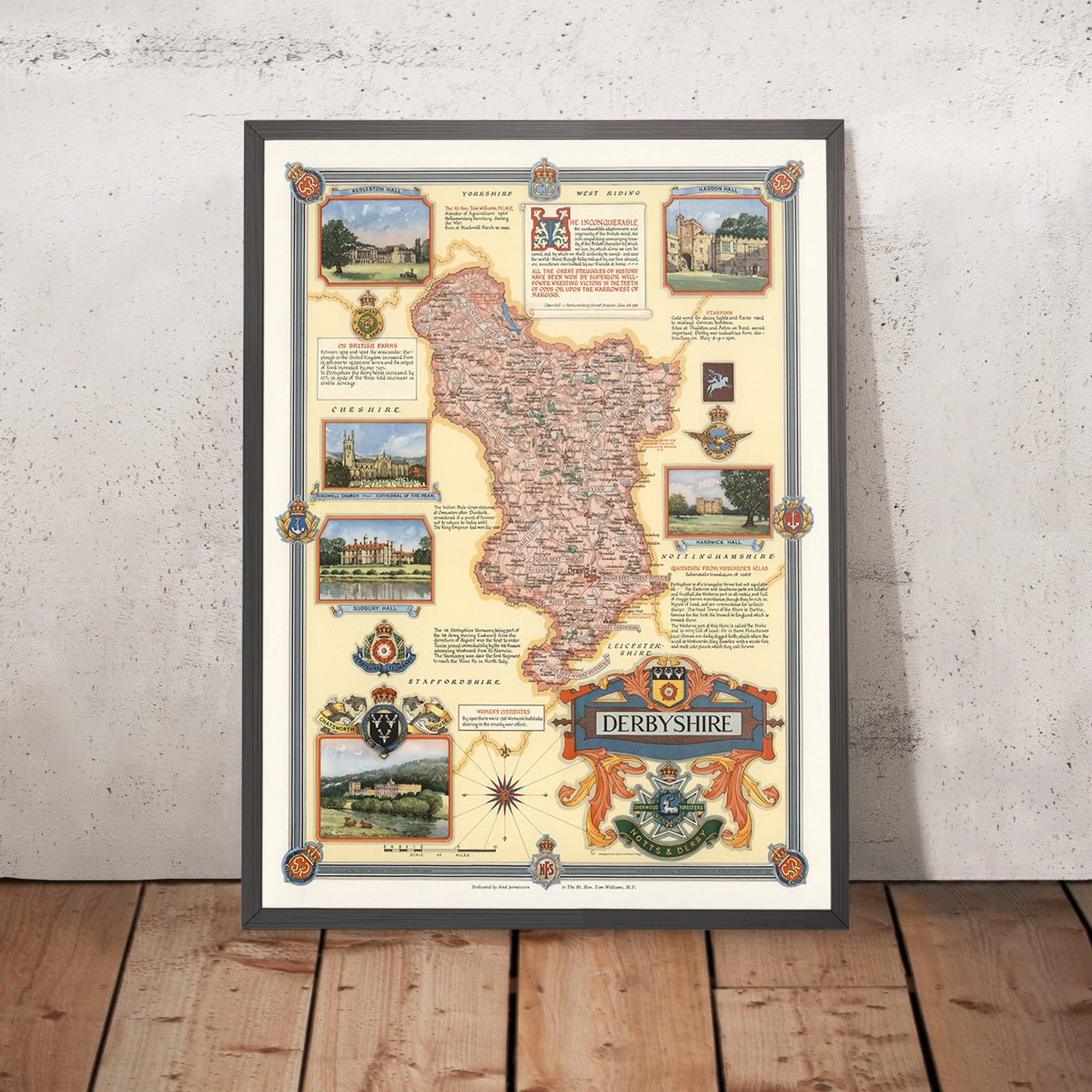 Mapa ilustrado antiguo de Derbyshire realizado por Clegg en 1946: Derby, Chatsworth, Kedleston, Hardwick y Haddon