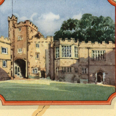 Mapa ilustrado antiguo de Derbyshire realizado por Clegg en 1946: Derby, Chatsworth, Kedleston, Hardwick y Haddon