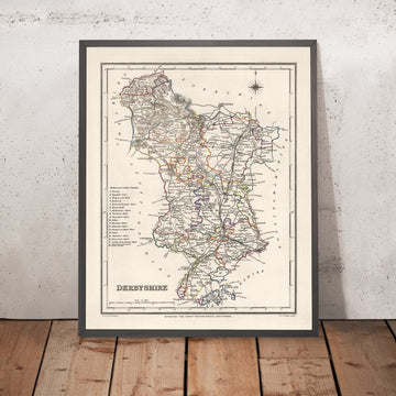 Mappa antica del Derbyshire di Samuel Lewis, 1844: Buxton, Ashbourne, Matlock, Bakewell, Chatsworth House 