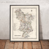 Mappa antica del Derbyshire di Samuel Lewis, 1844: Buxton, Ashbourne, Matlock, Bakewell, Chatsworth House 