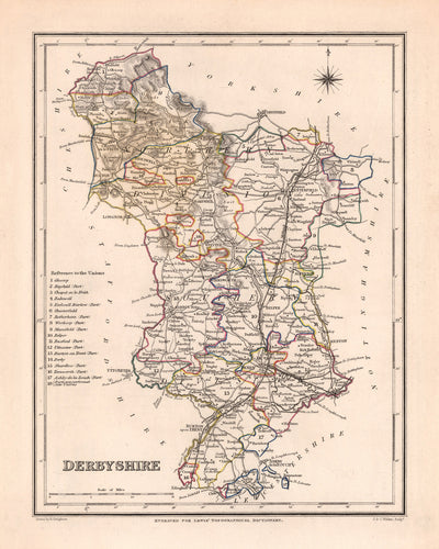 Mapa antiguo de Derbyshire por Samuel Lewis, 1844: Buxton, Ashbourne, Matlock, Bakewell, Chatsworth House