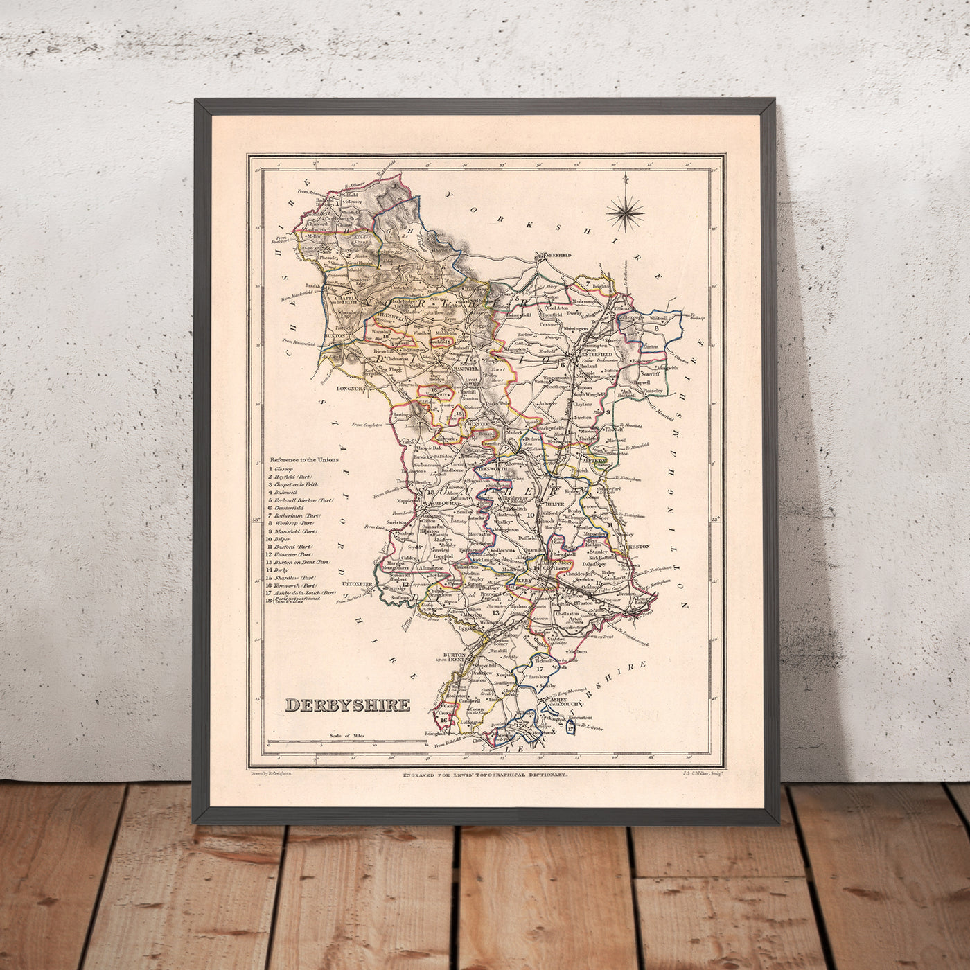 Mapa antiguo de Derbyshire por Samuel Lewis, 1844: Buxton, Ashbourne, Matlock, Bakewell, Chatsworth House