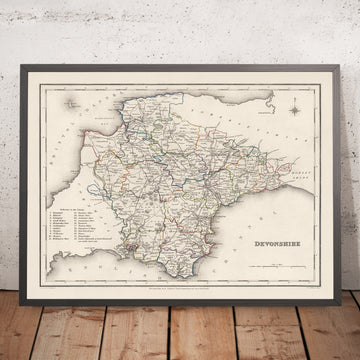 Mappa antica del Devon di Samuel Lewis, 1844: Exeter, Plymouth, Torquay, Paignton e Barnstaple 