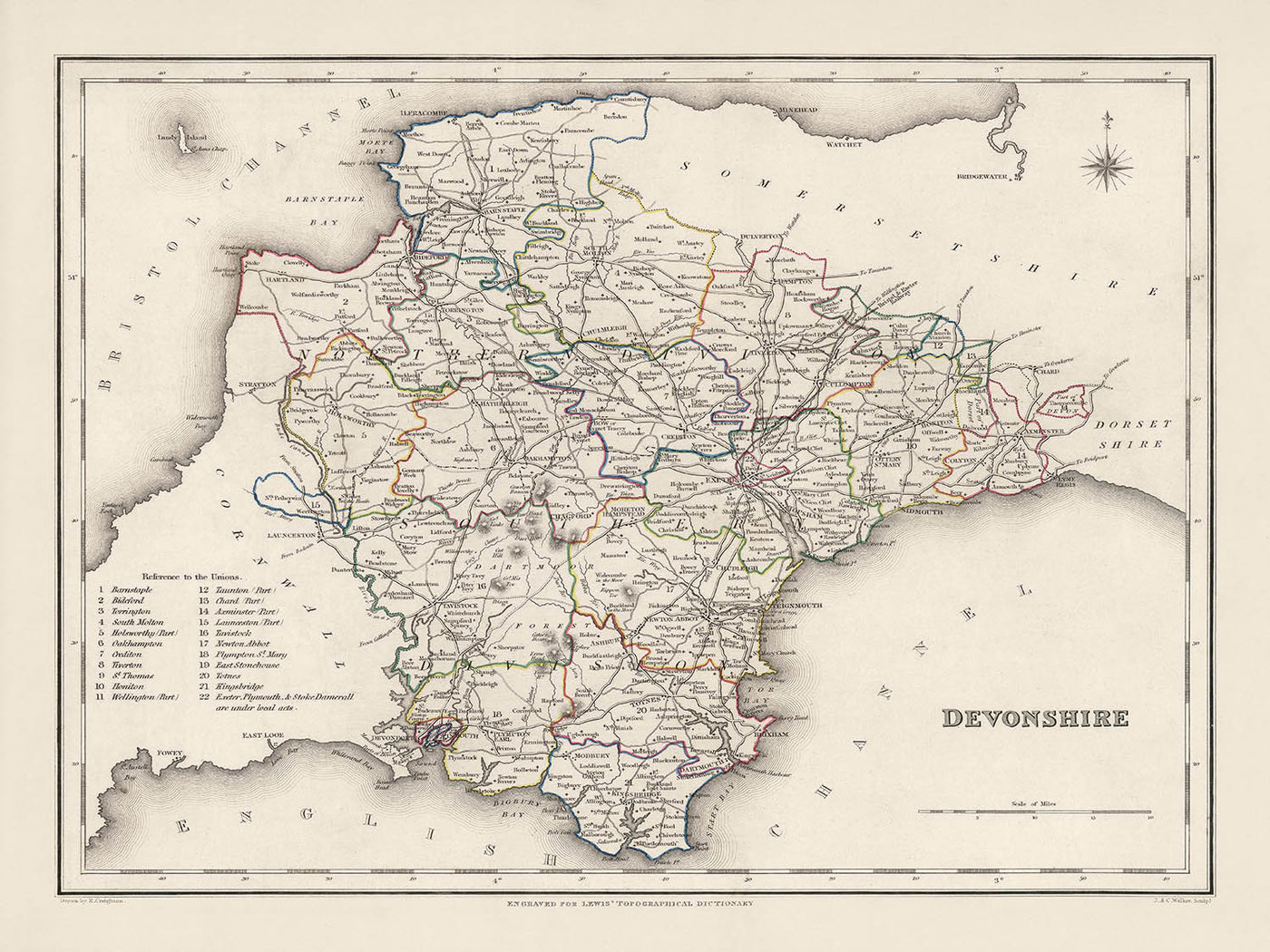 Old Map of Devon by Samuel Lewis, 1844: Exeter, Plymouth, Torquay, Pai ...