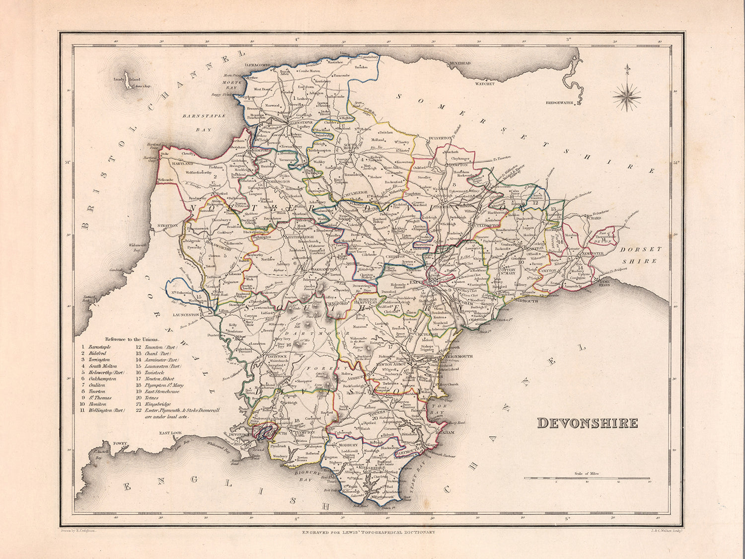 Devon Map Old Map of Devon by Samuel Lewis, 1844: Exeter, Plymouth, Torquay, Pai ...