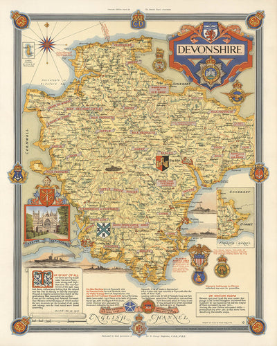 Mapa pictórico antiguo de Devon realizado por Clegg en 1947: Plymouth, Exeter, Dartmoor, lugares de la Segunda Guerra Mundial y la catedral de Exeter