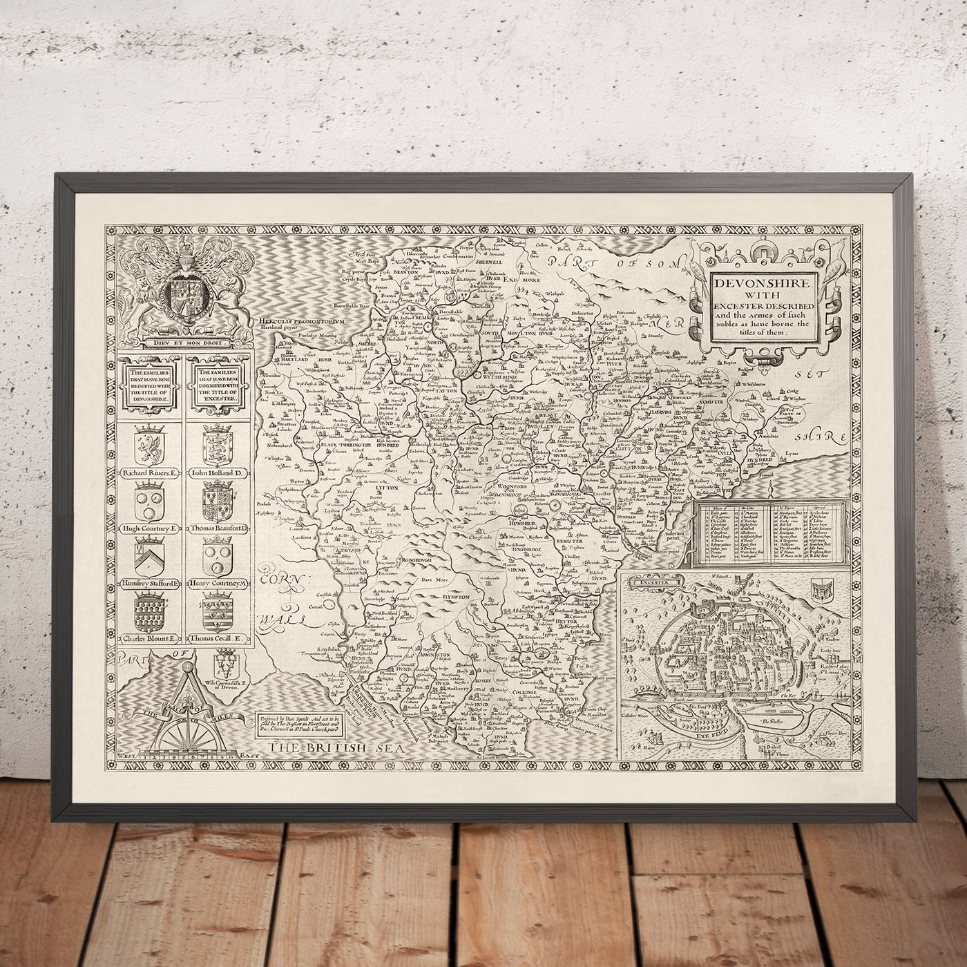 Framed Exeter Map Old Map of Devon, 1611 by John Speed - Plymouth, Exeter, Torquay, Paig ...