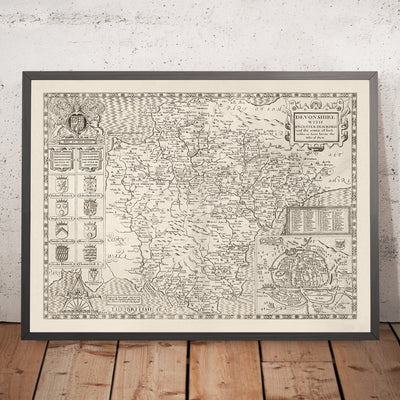 Ancienne Carte de Devon, 1611 par John Speed ​​- Plymouth, Exeter, Torquay, Paignton, Exmouth, Barnstaples