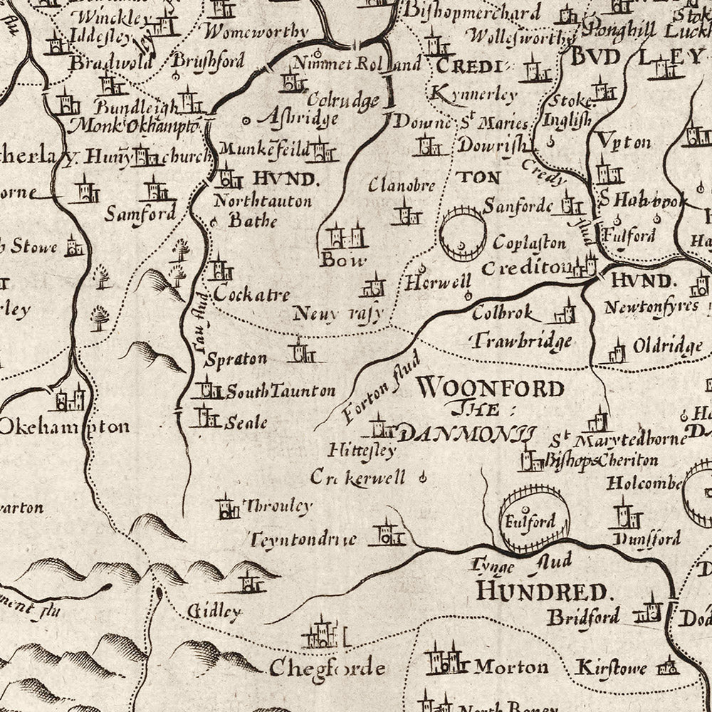 Ancienne Carte de Devon, 1611 par John Speed ​​- Plymouth, Exeter, Torquay, Paignton, Exmouth, Barnstaples