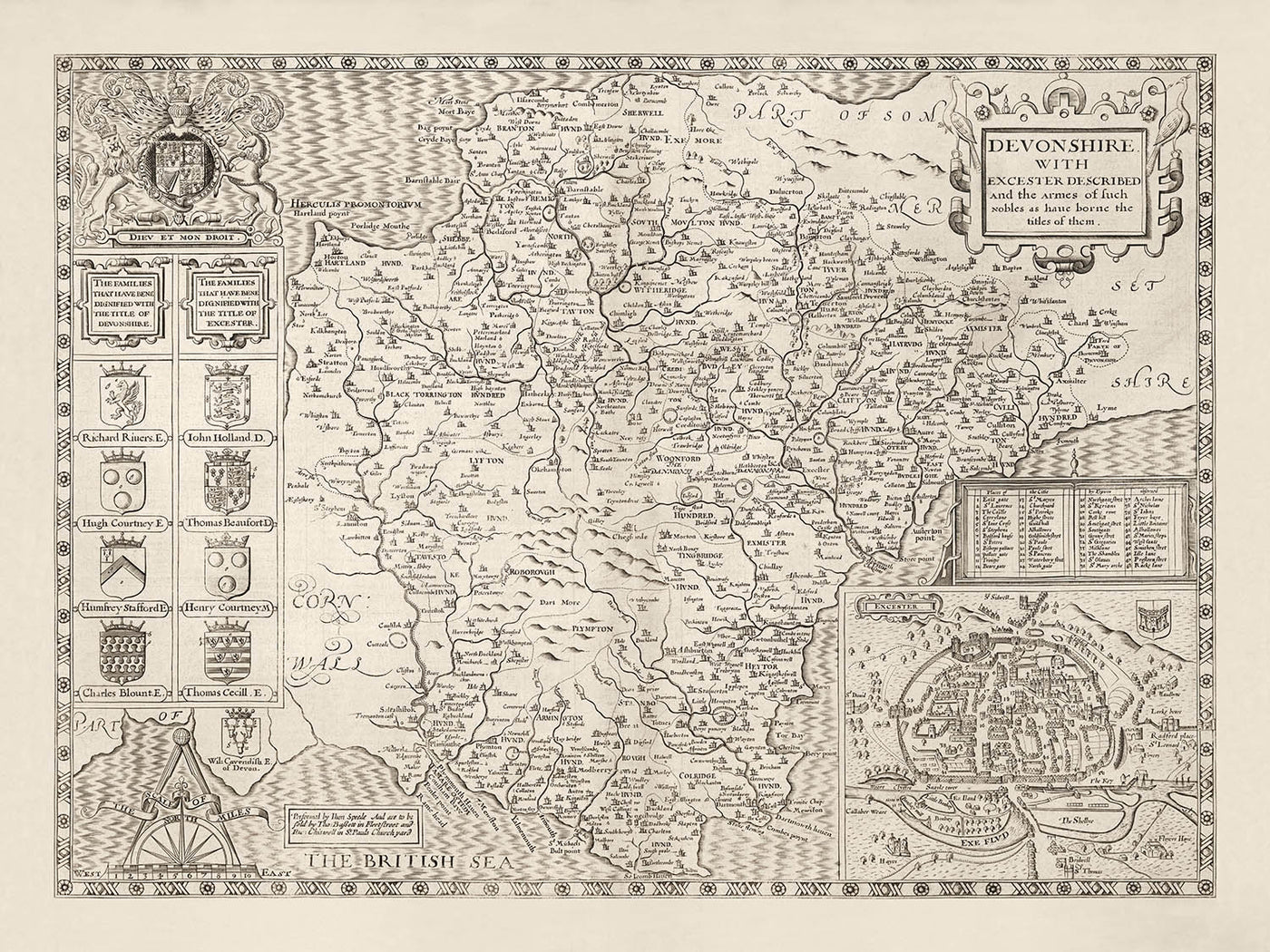 Framed Exeter Map Old Map of Devon, 1611 by John Speed - Plymouth, Exeter, Torquay, Paig ...
