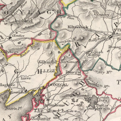 Antigua mapa del condado de Donegal por Samuel Lewis, 1844: Ballyshannon, Letterkenny, Dunfanaghy, Killybegs, Parque Nacional Glenveagh 