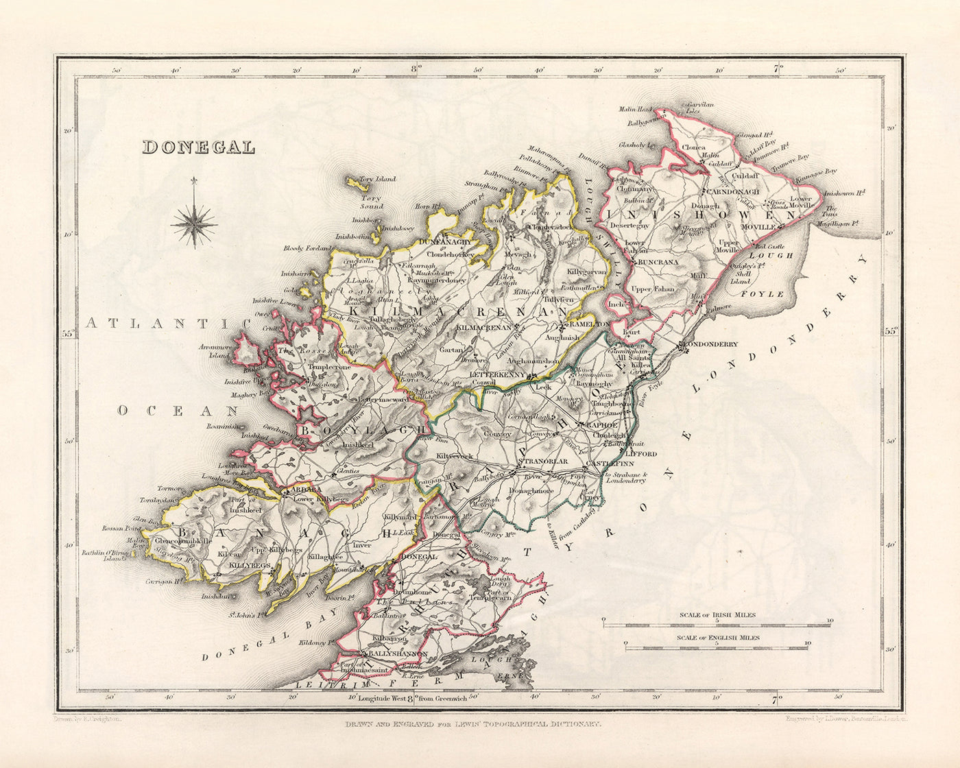 Ancienne carte du Donegal par Samuel Lewis, 1844 : Ballyshannon, Letterkenny, Dunfanaghy, Killybegs, parc national de Glenveagh