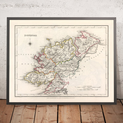 Mapa antiguo de Donegal por Samuel Lewis, 1844: Ballyshannon, Letterkenny, Dunfanaghy, Killybegs, Parque Nacional Glenveagh
