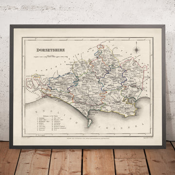 Alte Karte von Dorset von Samuel Lewis, 1844: Blandford Forum, Bridport, Lyme Regis, Shaftesbury, Wimborne Minster 