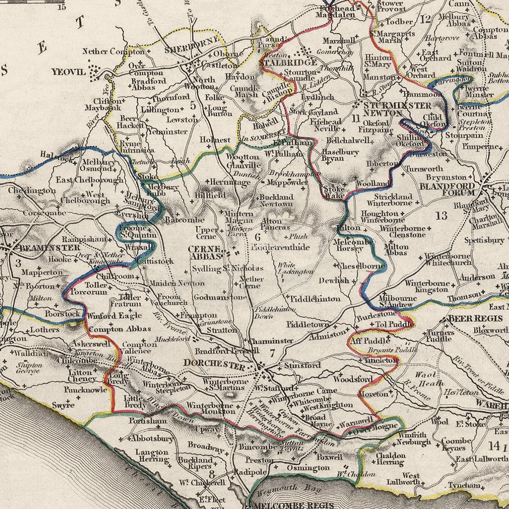 Old Map of Dorset by Samuel Lewis, 1844: Blandford Forum, Bridport, Lyme Regis, Shaftesbury, Wimborne Minster
