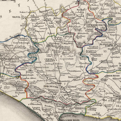 Old Map of Dorset by Samuel Lewis, 1844: Blandford Forum, Bridport, Lyme Regis, Shaftesbury, Wimborne Minster
