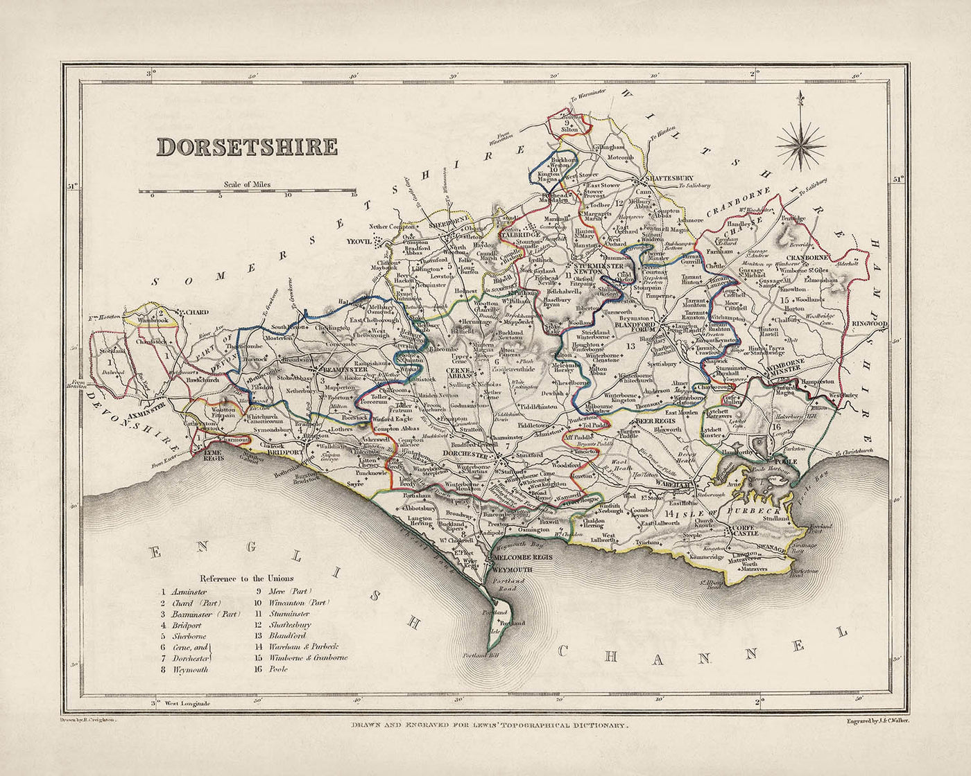 Old Map of Dorset by Samuel Lewis, 1844: Blandford Forum, Bridport, Lyme Regis, Shaftesbury, Wimborne Minster
