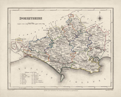 Old Map of Dorset by Samuel Lewis, 1844: Blandford Forum, Bridport, Lyme Regis, Shaftesbury, Wimborne Minster