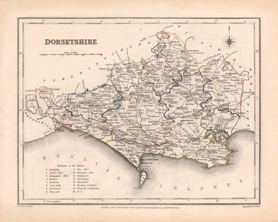 Ancienne carte du Dorset par Samuel Lewis, 1844 : Blandford Forum, Bridport, Lyme Regis, Shaftesbury, Wimborne Minster