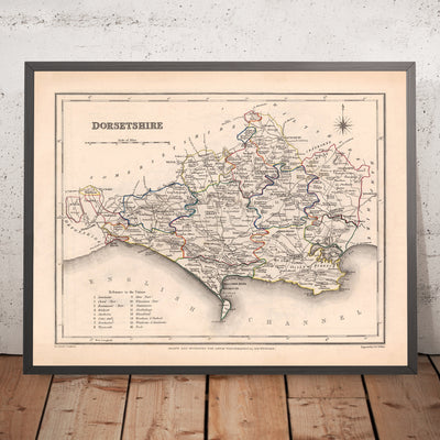Mapa antiguo de Dorset por Samuel Lewis, 1844: Blandford Forum, Bridport, Lyme Regis, Shaftesbury, Wimborne Minster