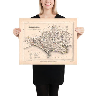 Mapa antiguo de Dorset por Samuel Lewis, 1844: Blandford Forum, Bridport, Lyme Regis, Shaftesbury, Wimborne Minster