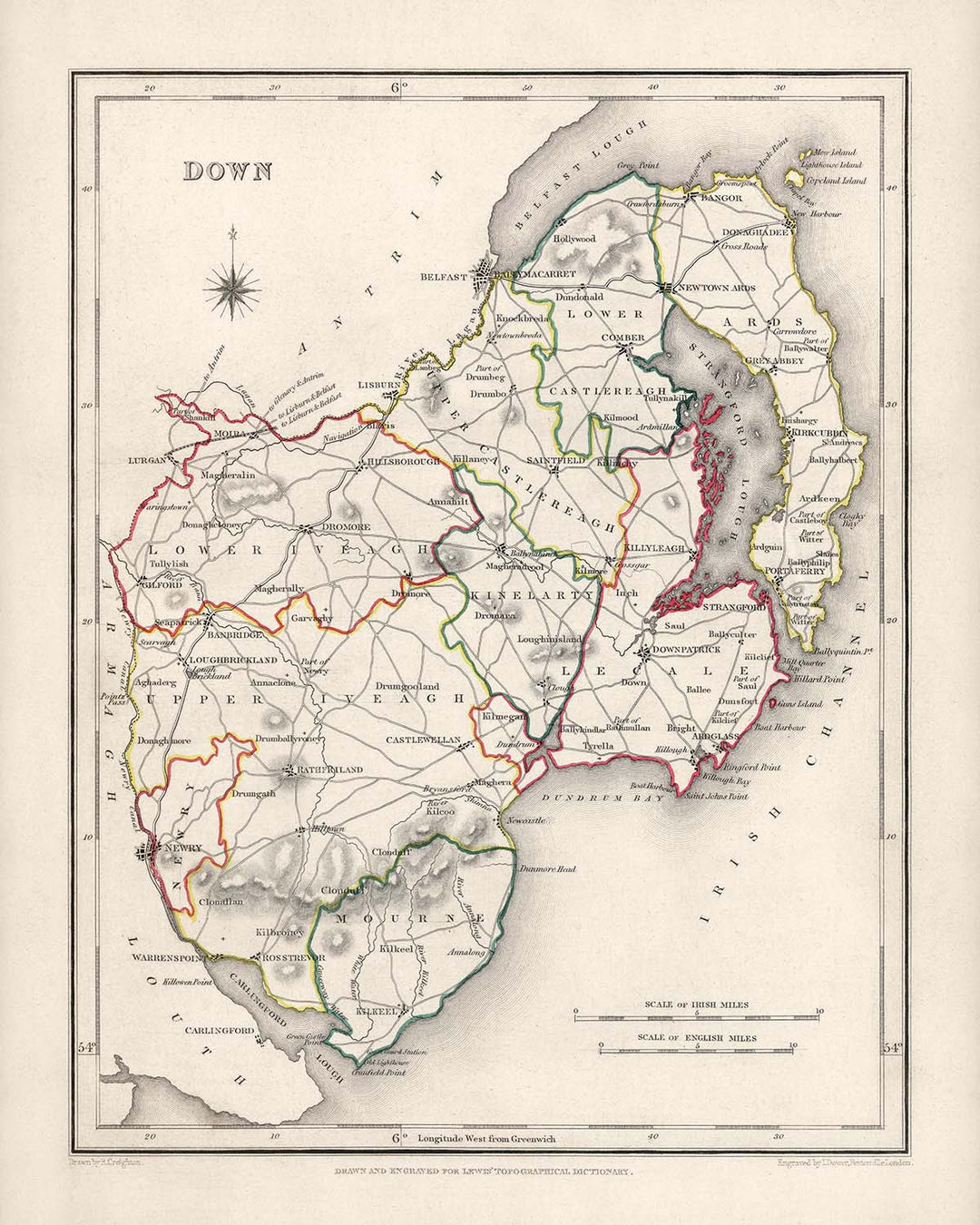 Old Map of County Down by Samuel Lewis, 1844: Belfast, Bangor