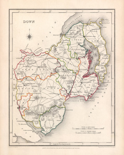 Mapa antiguo del condado de Down por Samuel Lewis, 1844: Belfast, Bangor, Newtownards, Holywood y Strangford