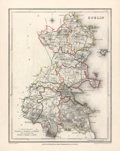 Alte Karte der Grafschaft Dublin von Samuel Lewis, 1844: Balbriggan, Swords, Malahide, Skerries, Liffey