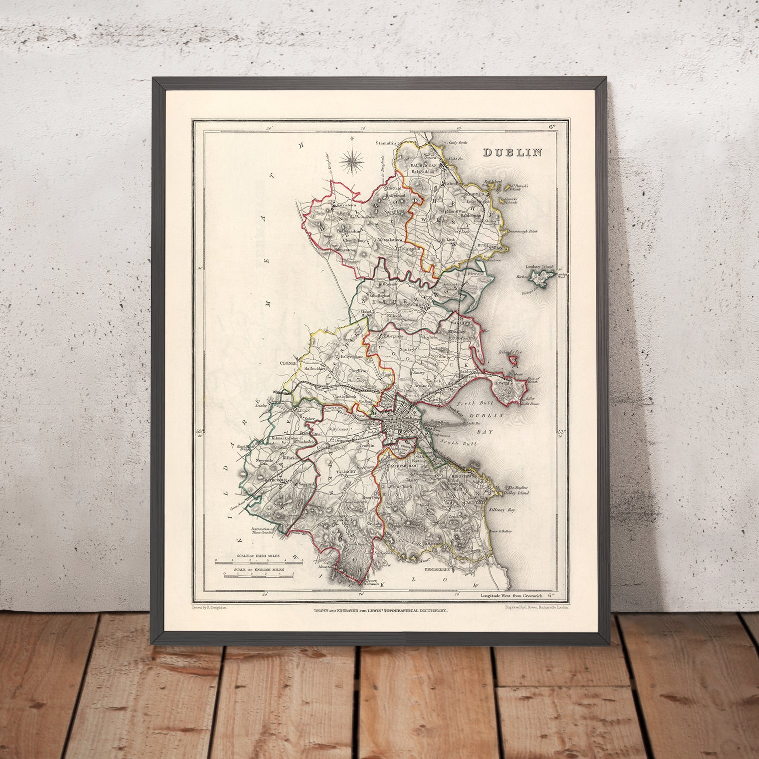 Old Map of County Dublin by Samuel - Dublinsamuellewis1844portraitroughrestored16x20mockupframe 