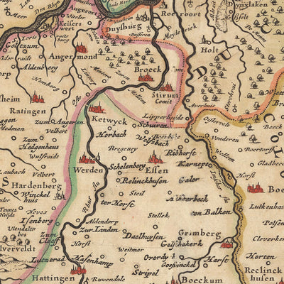Ancienne carte des duchés de Juliers, Clèves et Berg par Visscher, 1690 : Düsseldorf, Essen, Cologne, Bonn, Dortmund
