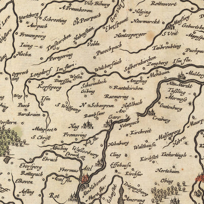 Mapa antiguo del Ducado de Baviera por Visscher, 1690: Ratisbona, Ingolstadt, Múnich, Augsburgo, Zugspitze