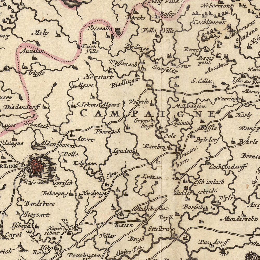 Old Map of Duchy of Luxembourg by Visscher, 1690: Liège, Namur, Metz, Trier, Ardennes Regional Park