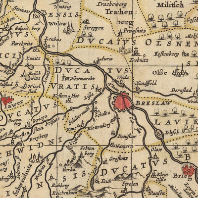 Alte Karte des Herzogtums Schlesien von Visscher, 1690: Breslau, Prag, Krakau, Posen, Dresden