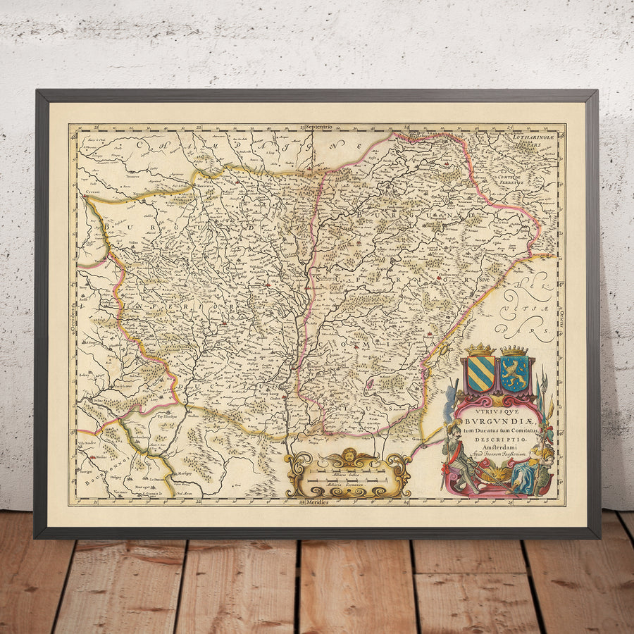 Mappa antica della Borgogna, Francia di Visscher, 1690: Digione, Besançon, Chalon-sur-Saône, Belfort, Parco naturale regionale del Morvan 