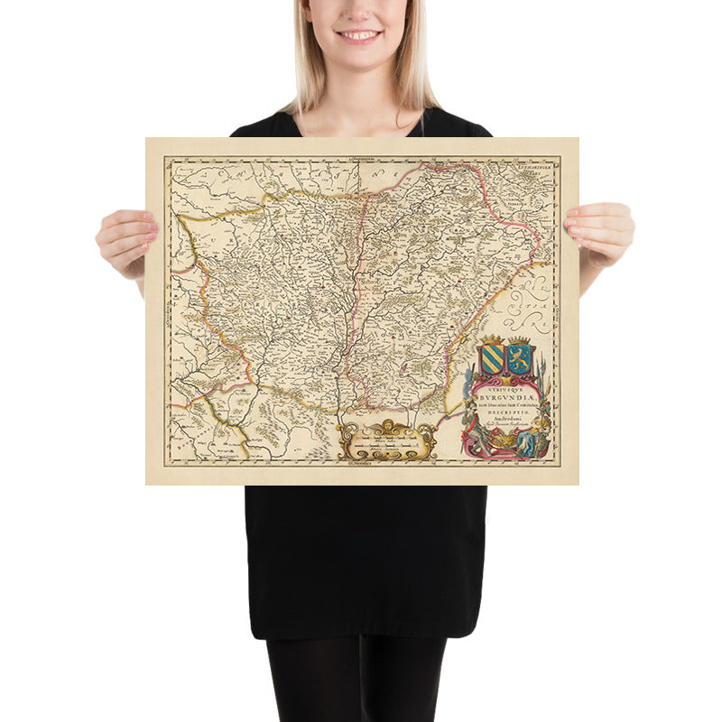 Mapa antiguo de Borgoña, Francia por Visscher, 1690: Dijon, Besançon, Chalon-sur-Saône, Belfort, Parc natural regional du Morvan