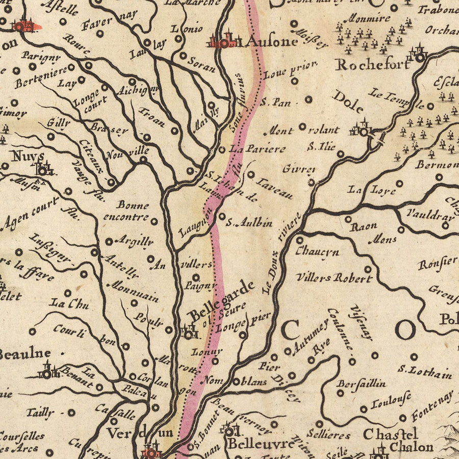 Mappa antica della Borgogna, Francia di Visscher, 1690: Digione, Besançon, Chalon-sur-Saône, Belfort, Parco naturale regionale del Morvan 