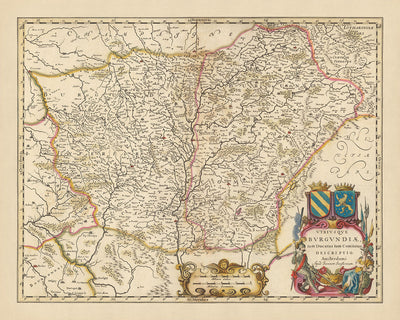 Ancienne carte de la Bourgogne, France par Visscher, 1690 : Dijon, Besançon, Chalon-sur-Saône, Belfort, Parc naturel régional du Morvan
