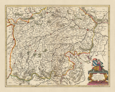 Mapa antiguo del Ducado de Baviera por Visscher, 1690: Ratisbona, Ingolstadt, Múnich, Augsburgo, Zugspitze