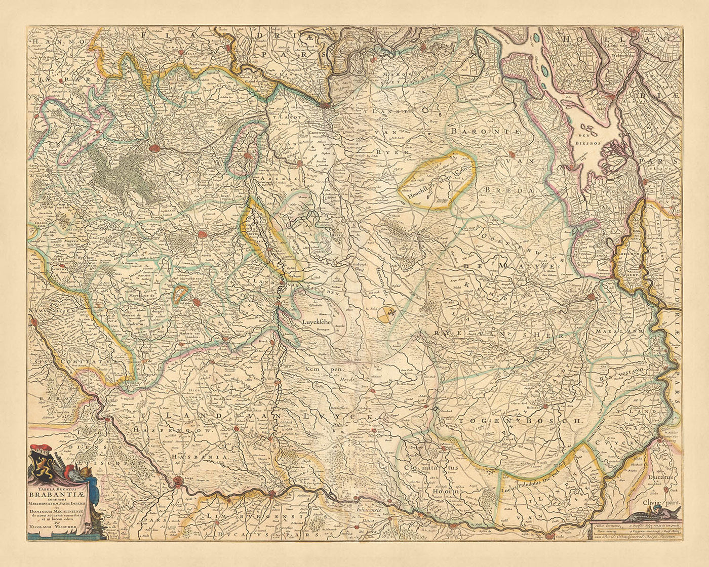 Ancienne carte du duché de Brabant par Visscher, 1690 : Bruxelles, Anvers, Liège, Eindhoven, Parc national de la Haute Campine