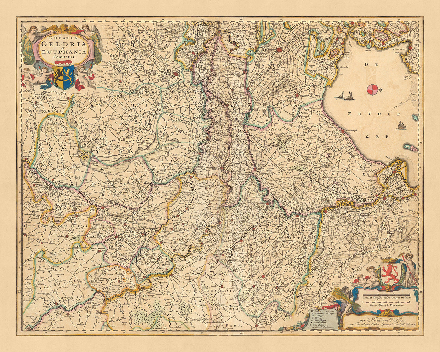 Alte Karte des Herzogtums Geldern und Zutphen von Visscher, 1690: Amsterdam, Amersfoort, Utrecht, Eindhoven, Nimwegen