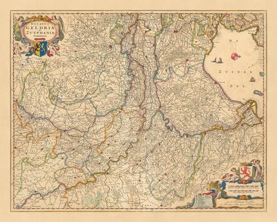 Mapa antiguo del Ducado de Guelders y Zutphen por Visscher, 1690: Amsterdam, Amersfoort, Utrecht, Eindhoven, Nijmegen