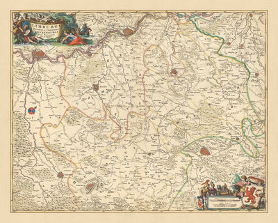 Mapa antiguo del ducado de Limburgo y el condado de Valkenburg de Visscher, 1690: Lieja, Aquisgrán, Maastricht, Verviers, Heerlen